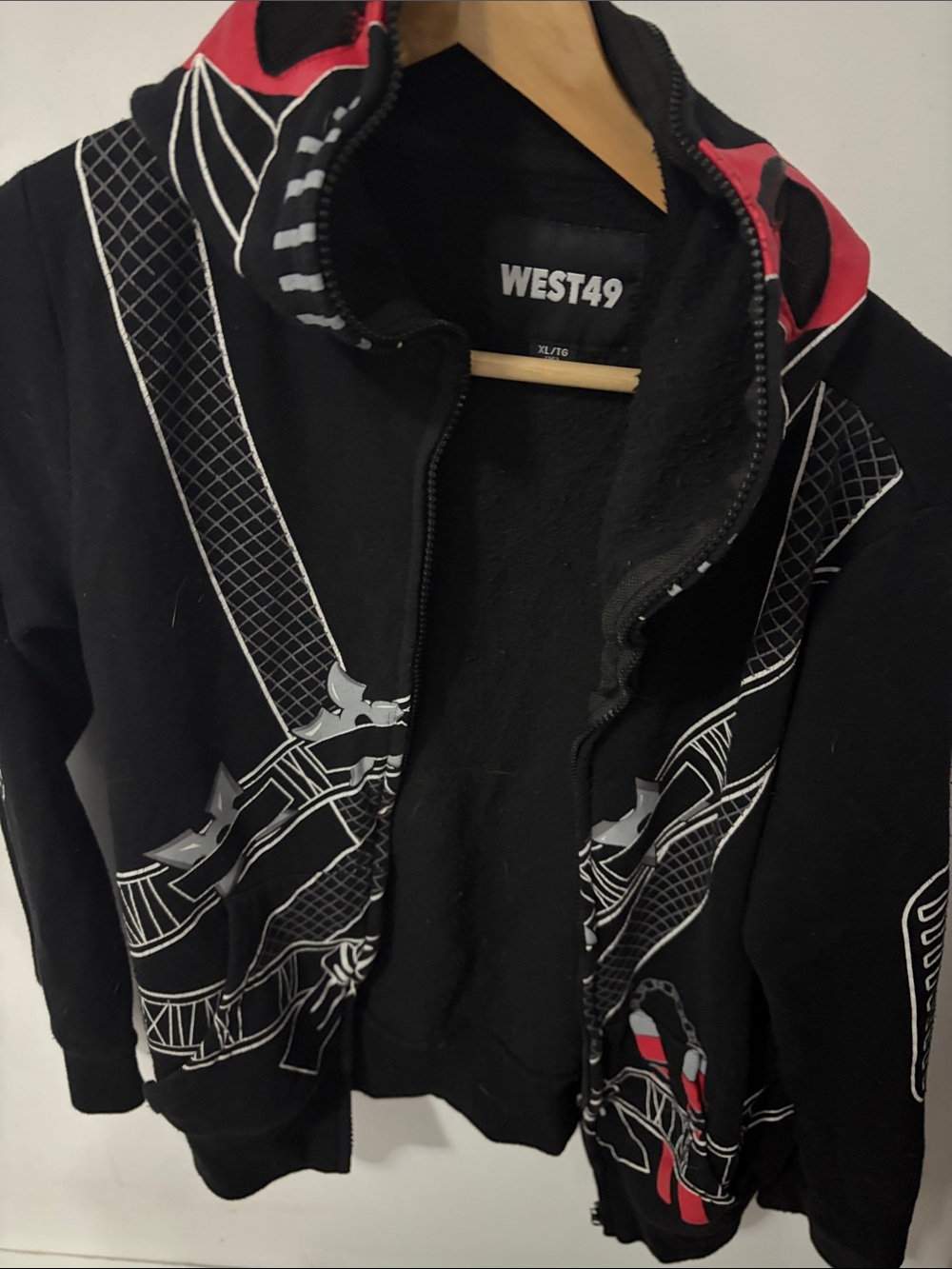 Men’s Black Graphic Zip-Up Hoodie Jacket with Red Accents